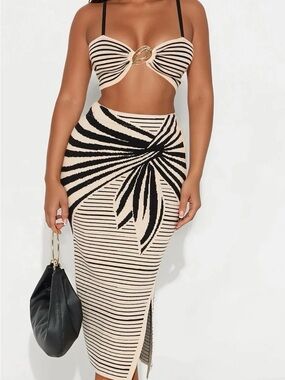 Fashion Nova Beige and Black Striped Knit Midi Skirt